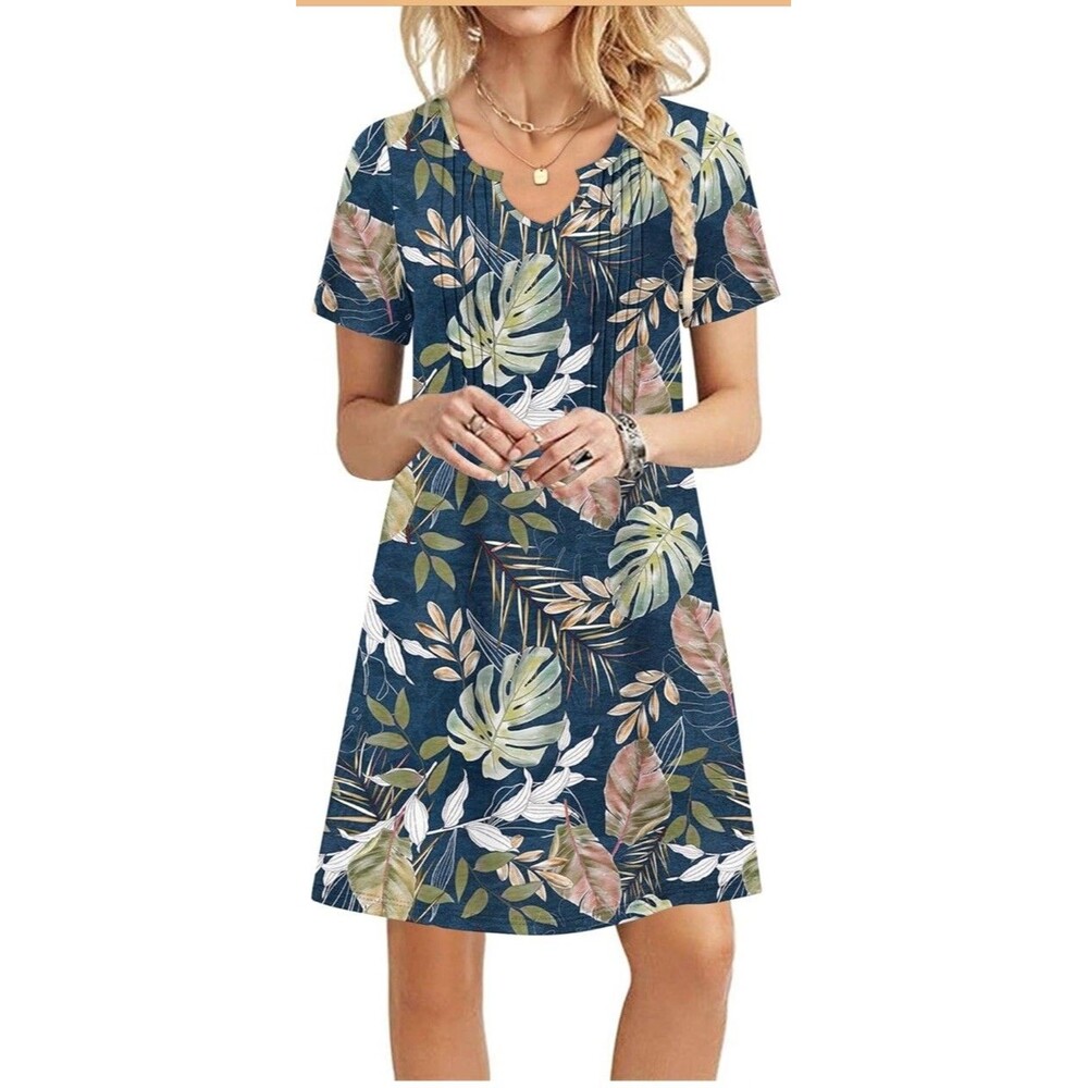 Tropical Airy Casual Loose Short Sleeve Long T Shirt Dress Vacay Relaxing  Med